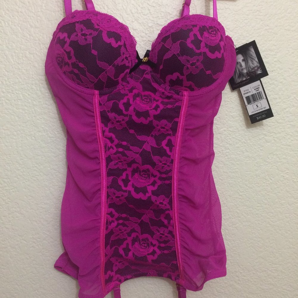 Daisy Fuentes 2-pc Lace Bustier Lingerie Set Pink - Picture 2 of 15